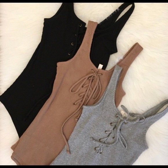 Mocha Lace Up Ribbed Bodysuit - Picture 2 of 5